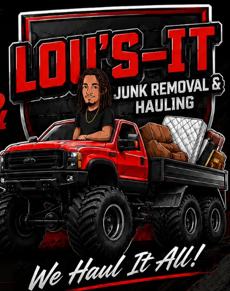 Lou's-It red hauling truck loaded with furniture